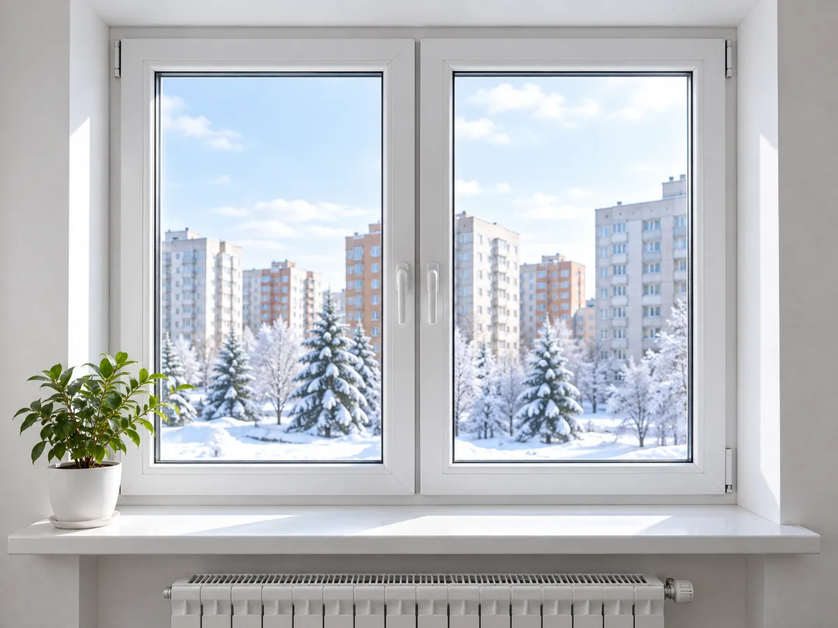 Двустворчатое пластиковое окно зимой, вид из комнаты